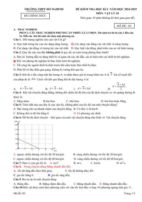 Đề thi Học kì 1 Vật lí 10 năm 2024-2025 trường THPT Hồ Nghinh (Quảng Nam)